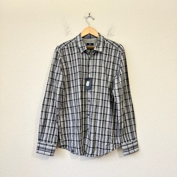 HUGO BOSS Shirt Gray Plaid Slim Fit Button Up Cotton Work Retro NWT - Picture 1 of 9